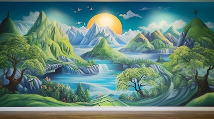 a fantasy-inspired mural wall with dreamy landscapes, transporting viewers to a magical and imaginative realm