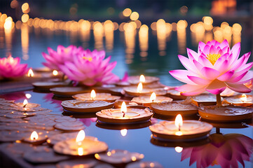 Floating lanterns and candles light up the night sky during the Loy Kratom festival.
