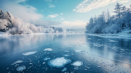 Tranquil winter scene featuring a frozen lake surrounded by snow-covered trees and mountains under a soft blue sky.