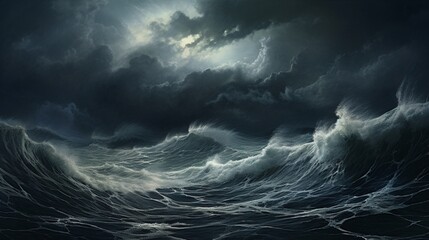 a moody stormy seascape wall, with turbulent waves and muted tones, capturing the drama of nature's tempest