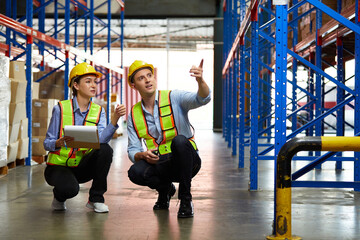 factory workers talking about work and looking to something in the warehouse storage