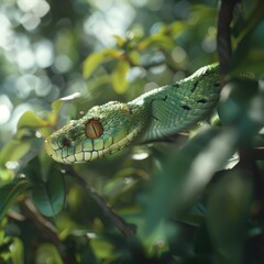 Naklejka premium green snake on a branch