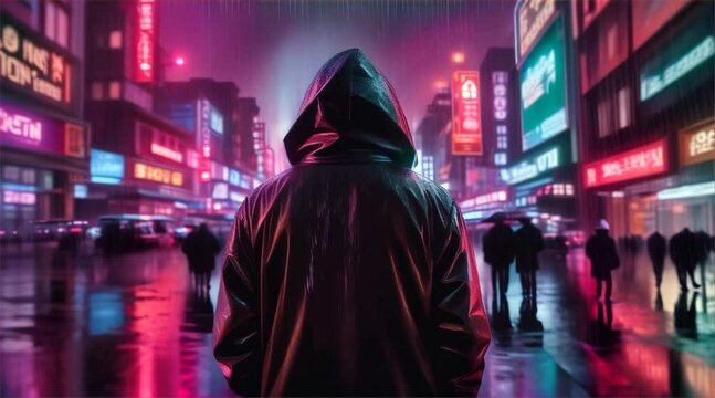 Cyberpunk street rain soaked neon billboards shadowy figure high tech