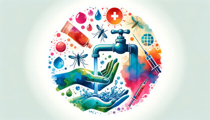 Focusing on Hygienic Practices: Hands, Water, and Health in the Battle Against Infections. Vibrant Abstract Art Illustration.