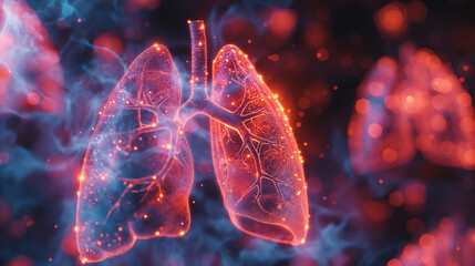 Futuristic visualization of smoke particles attacking lung cells with a digital shield activating to protect 