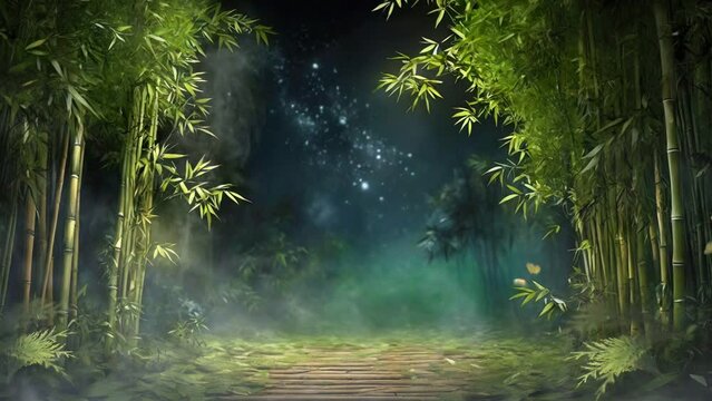 Animated background of misty bamboo forest at night. seamless looping video animation background.