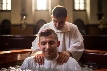 Young Catholic priest in his 35s performing a baptism ceremony in a vibrant Latin American church - obrazy, fototapety, plakaty