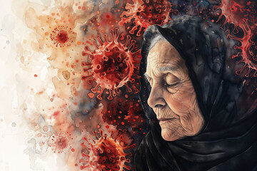 Watercolor illustration. The prophetic visions of the old lady pandemic virus. Generative AI image.	 - obrazy, fototapety, plakaty