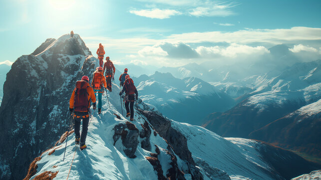 Group of people on peak mountain climbing helping team work