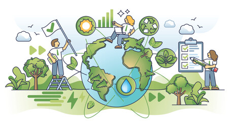 Sustainability reporting and green climate goal measurement outline concept. Environmental publication about sustainable energy production, recycling initiatives and forestation vector illustration.