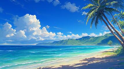 Fototapeta na wymiar 2D illustration of a beautiful beach scene