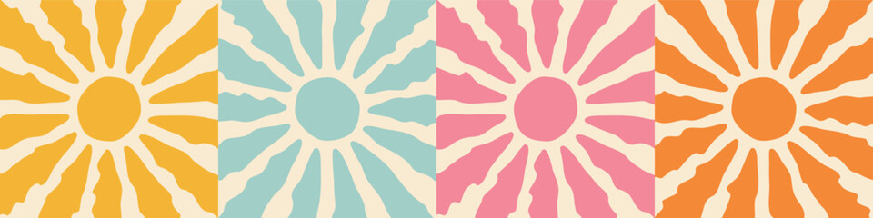 Background line set with sun in 60s, 70s hippie style. Groovy retro yellow blue pink orange sunburst starburst with ray of light. Trendy colorful graphic print. Sunny template. Flat design.