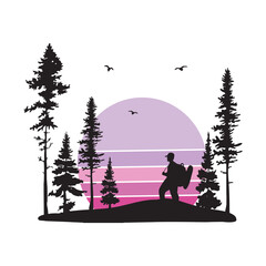 man with a tourist bag in the forest vector silhouette. tourist landscape in pink sunset vector silhouette