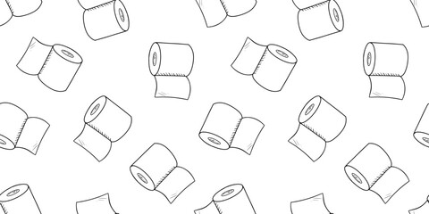 Seamless monochrome pattern with toilet paper doodle. Vector sketch on white background.