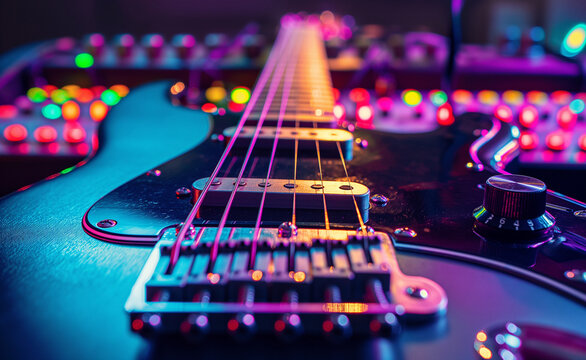 Electric Harmony: Vibrant Guitar Strings in Close-up