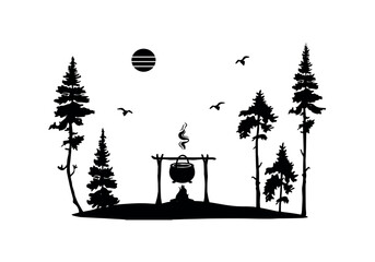 tourist cauldron on fire in the forest vector silhouette.