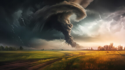 View of a large tornado, artistic landscape of natural disasters - obrazy, fototapety, plakaty