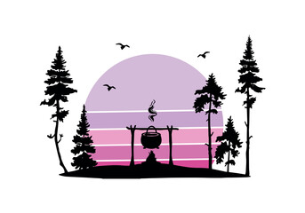 tourist cauldron on fire in the forest vector silhouette