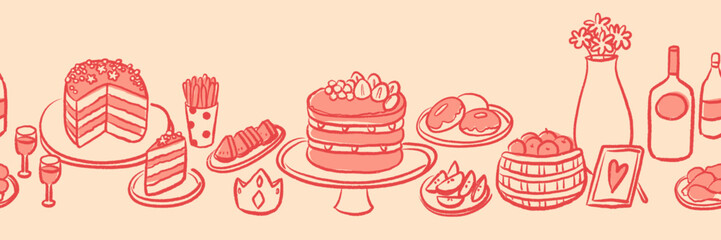 Hand drawn cake vintage style seamless pattern