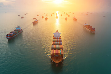 Several cargo ships are navigating the water at sunset, showcasing the beauty of naval architecture...