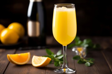 A glass filled with tangy orange juice sits on a table next to a bottle of rich red wine. The contrast between the vibrant orange and deep red liquids creates a visually striking scene