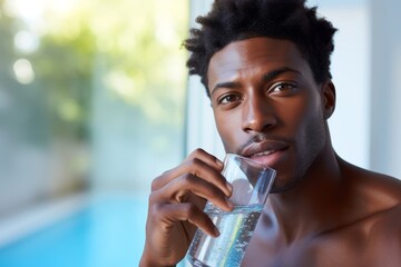 
A close-up photo of a 24-year-old African American man drinking water after a workout, highlighting hydration on World Health Day