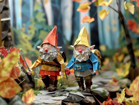 Detailed papercraft gnome explorers discovering a paper crafted hidden world