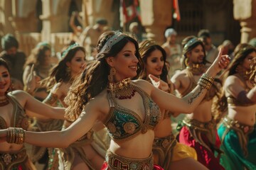 A group of women dressed in vibrant belly dance outfits, showcasing intricate designs and flowing...