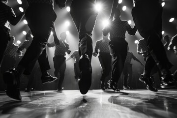 A group of individuals, possibly performers or speakers, standing together on a raised platform. The stage appears to be the focal point of their attention