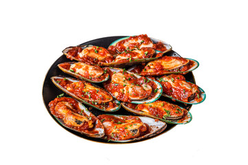 Large green mussels cooked in tomato sauce with garlic, parsley and lemon. Isolated, Transparent background.
