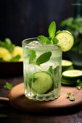 A glass of cucumber and mint water sitting on a wooden cutting board. The drink looks cool and refreshing, perfect for a hot day