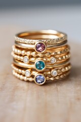 A stack of elegant gold rings adorned with a variety of vibrant colored stones. Each ring showcases a unique design, creating a captivating display of luxury and style
