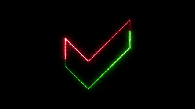 Check mark icon neon fire green red color animation black background