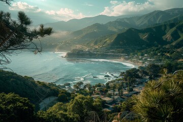 A stunning view of a seaside town nestled between lush green hills and the sparkling ocean,Real photo quality Sony camera --ar 3:2 --v 6 Job ID: 9e331a7c-9d6e-4be6-84cb-fda28e8ff0bc