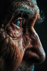 The close-up reveals the weathered features of an elderly mans face, with deep wrinkles and tear streaks. His expression conveys a mix of emotions reflecting his life experiences