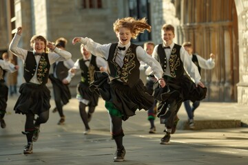 A group of people, members of a traditional Irish dance troupe, energetically tapping and dancing...