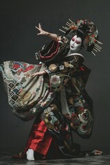 A traditional Japanese kabuki dance performance with elaborate costumes and stylized movements