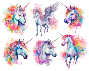 Isolated cute watercolor unicorn clipart. Nursery unicorns illustration. Princess unicorns poster. Trendy pink cartoon horse. - 742382110