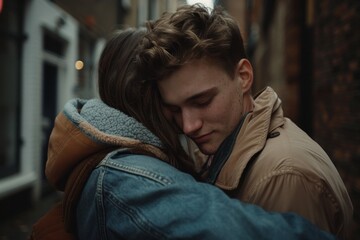 Fototapeta premium A man is embracing a woman tightly on a bustling urban street. The couple is engrossed in a warm and affectionate hug, displaying a gesture of intimacy in a public setting