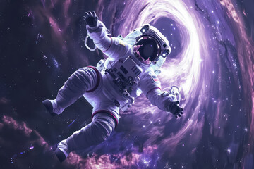 Fototapeta premium Astronaut into black hole galaxy abstract background. Generative ai.
