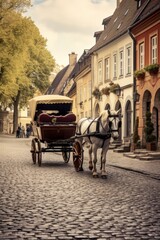 Naklejka na ściany i meble An antique horse-drawn carriage on a cobblestone street in a historic town