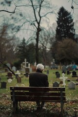 An elderly man is seated on a bench in a cemetery, gazing out across the graves. The atmosphere is somber as he reflects on his surroundings