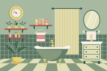 Fototapeta na wymiar Cozy bathroom. Bathroom interior with bathroom furniture, bathtub, washbasin, towels, mirror, window, house plants. Flat illustration. Vector