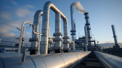 Wide-angle view of metallic pipes and distillation columns at an oil refinery under a clear sky