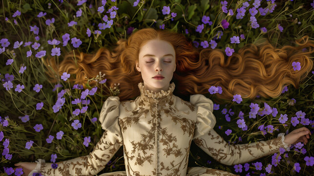 Portrait of a Beautiful Woman Sleeping with Flowers