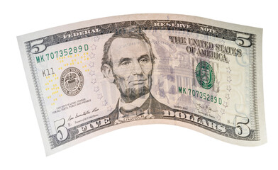 5 dollars banknotes falling in the air isolated on white, Flying 5 American dollars banknotes isolated on white background With clipping path.