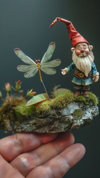 Papercraft gnome and a tiny paper dragonfly wings delicately crafted