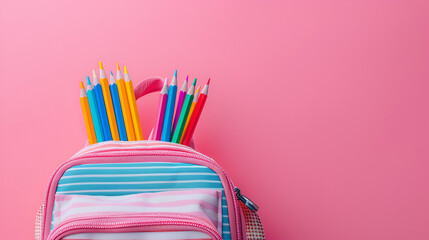 School backpack with colored pencils in light blue pink background, generative ai