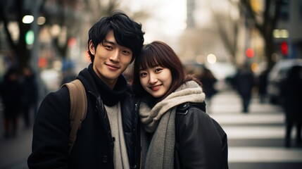 Naklejka premium A half-Korean, half-Chinese couple stood smiling while parking in Tokyo. No beard, wearing a winter coat, very handsome, wearing a blouse, long, soft, wavy hair on the outside, beautiful bangs.