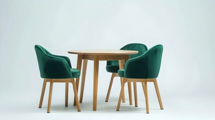 Fototapeta premium Modern minimalistic dining setup with elegant green chairs and a wooden table on a neutral background. ideal for contemporary home decor. AI
